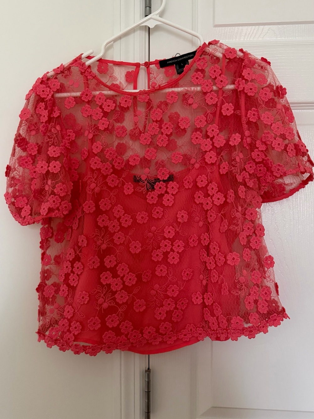 French Connection Coral-Red Floral Appliqué Sheer Blouse